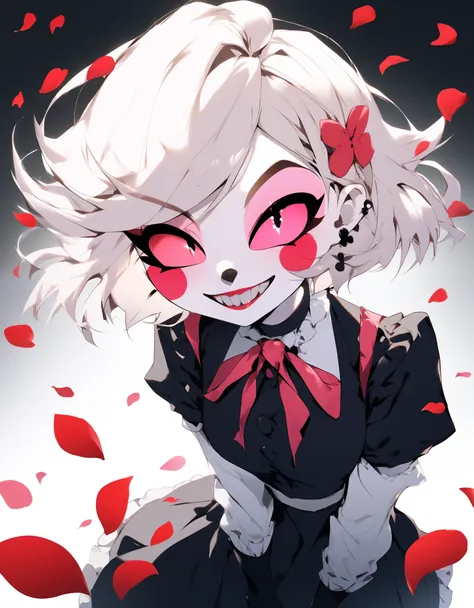 score_9, score_8_up, score_7_up, source_furry, rating_safe, Cloverdemon, clover face, face de la plante, Yeux de chat, red petals, black petals, Clown, pale skinned, sourire, contenu, suffisant, hazbin hotel style,