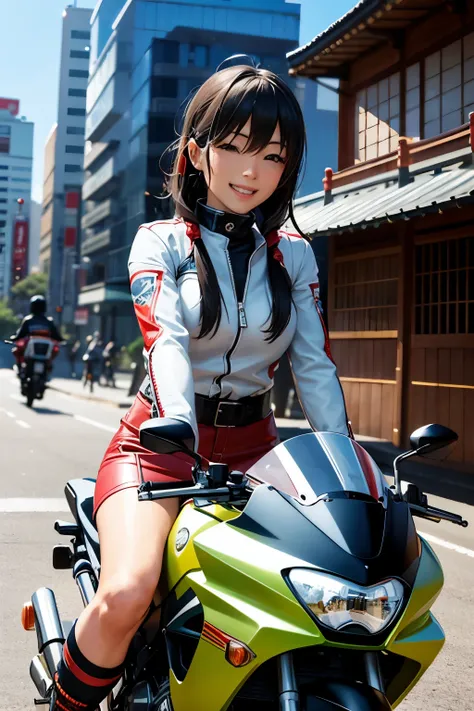 Japanese biker,Happy!!!, , motorcycle,[ Photo Real ]!!, High resolution,