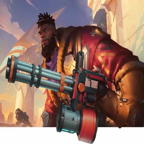 a close up of a man holding a gun in a game, album art, winston from overwatch, doomfist, doomfist from overwatch, riot games concept art, gigantic, wakanda, holding a giant weapon, baptiste from overwatch, league of legends character art, full art, riot g...