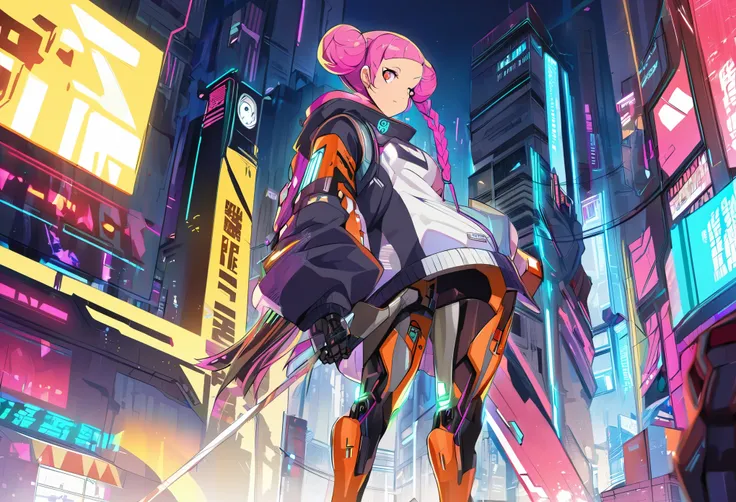 cyberpunk, cyber-themed, robots, cyber suit, bio-prosthesis in arm and leg, robot arm, robot leg, 1 girl, full height, hair braided in 2 buns, cyber city on the background, interesting perspective, ultra-quality, detail, anime style, baggy clothes combined...