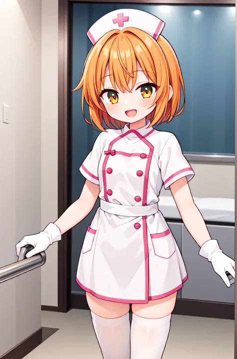 1girl, solo, nurse, nurse cap, white nurse uniform, ((white legwear, zettai ryouiki)), white gloves, very short hair, orange hair, smile, open mouth, standing, ((hospital room)), sharp outline, short sleeves, tomboy, boyish, best quality, masterpiece