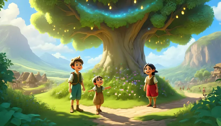 the villagers live happily ever after, grateful for the magical bush and the boy who discovered it