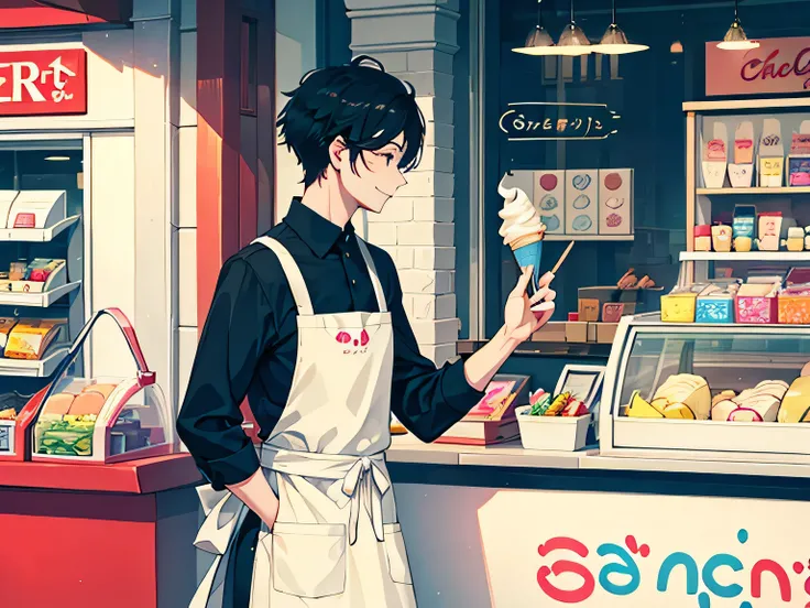 31 A young man working at an ice cream shop、smile、profile、Pop ice cream shop、Lots of ice cream in a shop window、Wearing an apron、Black Hair、1 male