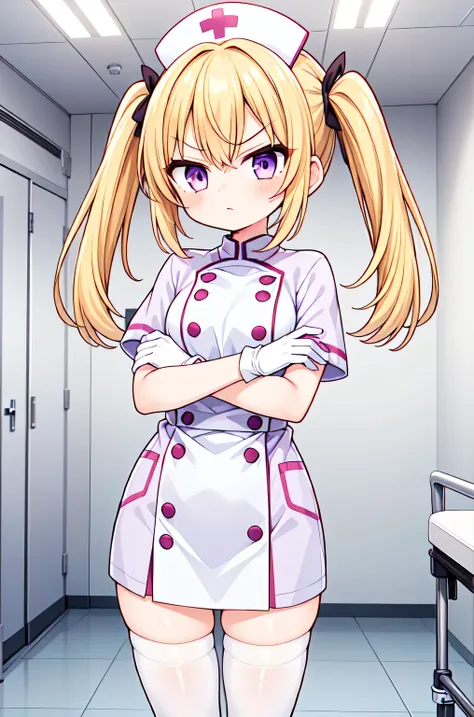 1girl, solo, nurse, nurse cap, white nurse uniform, ((white legwear, zettai ryouiki)), white gloves, twintails, yellow hair, purple eyes, angry, crossed arms, standing, ((hospital room)), sharp outline, short sleeves, best quality, masterpiece