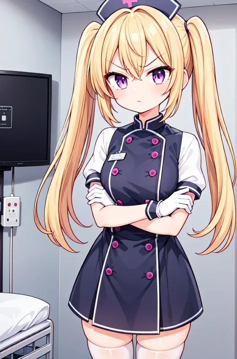 1girl, solo, nurse, nurse cap, white nurse uniform, ((white legwear, zettai ryouiki)), white gloves, twintails, yellow hair, purple eyes, angry, crossed arms, standing, ((hospital room)), sharp outline, short sleeves, best quality, masterpiece