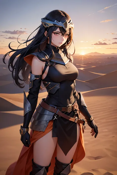 of her shirt as she clenched her fists with determination. The wind, a fiery orange hue in the sunset, toyed with her long, silken black hair, casting delicate shadows on her refined features. An intricate pattern of red blush spread across her shinny chee...