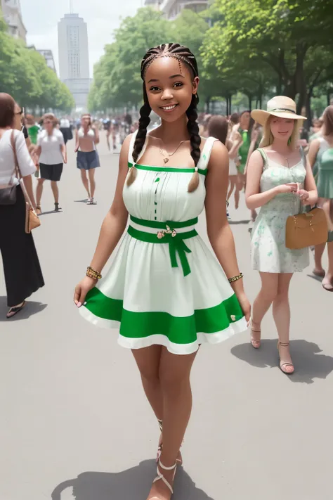 Young woman in a mini summer dress, turns to the viewer, the dress blows around her hips, sweet face, dress in green and white, high sandals, many small braids, smiling, in an avenue full of people,