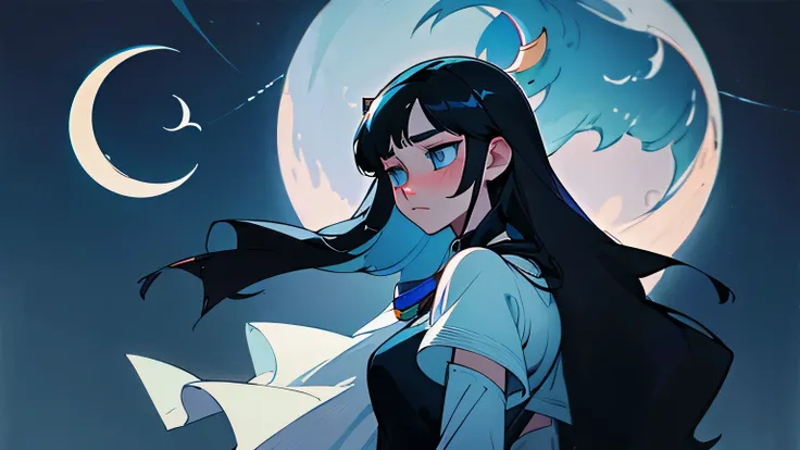 crescent moon teen moon princess with long black hair, sea blue eyes and snow white skin. in the castle, sad, far away from each other