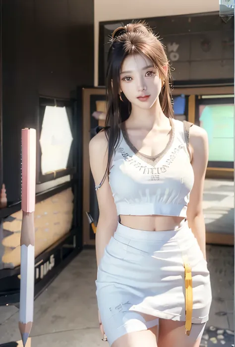 An innocent 20-year-old girl, (white Crop Top sleeveless tee:1.4), (short Pencil Skirt:1.8), (Dramatic Pose),smile, (High Ponytail),natural Park、RAW Photos, (8k, highest quality, masterpiece:1.2), (Intricate details:1.4)、(Photorealistic:1.4), Octane Render...