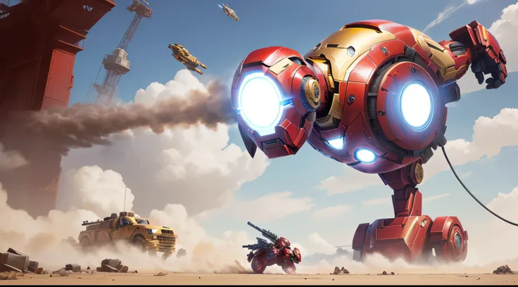 Avengers War Machine lights up in cartoon style, like iron Man, minion iron Man, CG art, iron Man, iron Man, 🕹️ 😎 🔫 🤖 🚬, superior iron Man, heroengine, Wojtek Fuss, totoro as iron Man, Mobile Game Art, author Alexander Fedosav, author：Arthur Pan, steampunk...