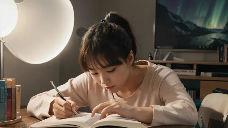 Korean beauty sitting on a desk chair and reading a book, In 3D animation style, Aurora Background, in pajamas, ponytail, holding a pencil, bending down to write in a book