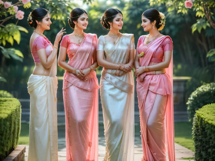 ((best quality)),((masterpiece)),(photorealistic:1.4), 1 Bride and 2 brides maids, light smile, Bride in the middle wearing Pearl-white saree, brides maids wearing pink sarees (Shimmering cloths:1.4),waist up, dramatic lighting, from below, garden backgrou...