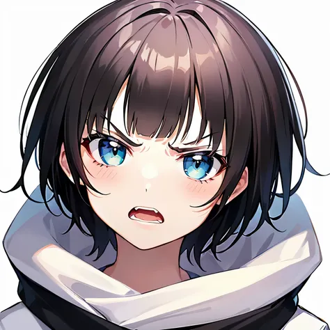 ((1 beautiful girl)), ((solo:1.3)),((blunt bangs)),((black hair)),((Blue eyes)), ((shoulder length hair:1.2,short hair)),16 years old, ((white background:1.3)),((See here)),((head shot)), BREAK (angry:1.3), 