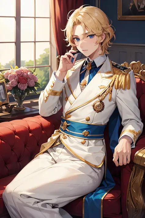 1cowok,Prince, handsome, blonde hair, 22 years old, prince clothes, short blonde hair, wavy hair, blue eyes, on the phone, at the royal castle