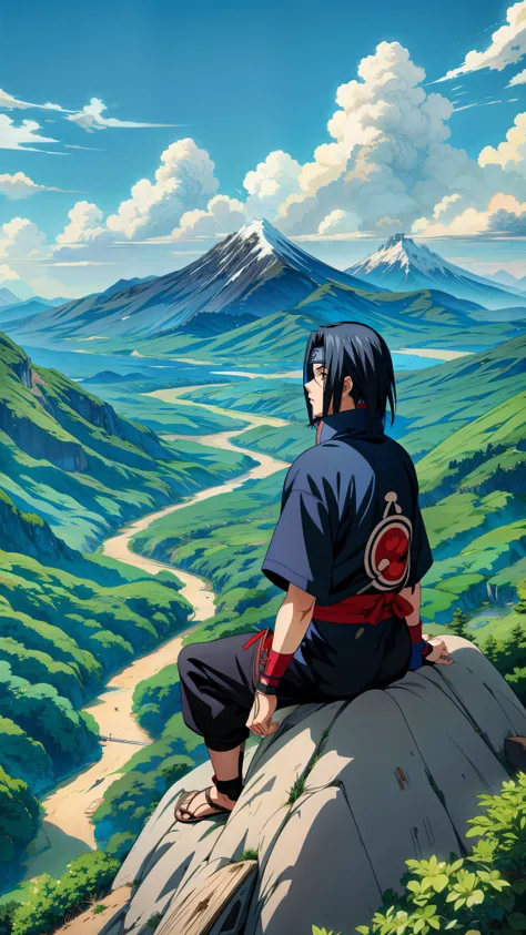 itachi watching mountains over a mountain cliff, itachi uchiha, greenery, blue sky, naruto anime, anime style, itachi uchiha, to...