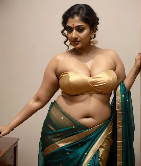 Wearing a sexy satin saree with strapless Bra, sexy Indian housewife, Looks like Indian Actress Nayanthara, actress Nayanthara, mallu, mallu aunty, desi aunty, full figured mature beauty,  sweaty skin , shining skin, sweat, attractive figure, 48 years old,...