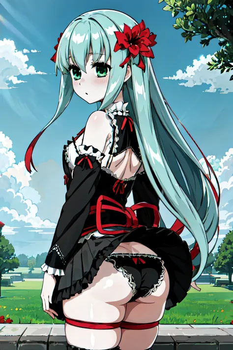 1 girl、Silver Hair、Pale skin、Long Hair、Red flower hair ornament、Emerald green eyes、Small breasts、Gothic Lolita Clothing、、High resolution、highest quality、Anime Moe Art Style、Cowboy Shot、Plush panties、lingerie、uniform、Strong winds、Skirt flipped up、Panty shot...