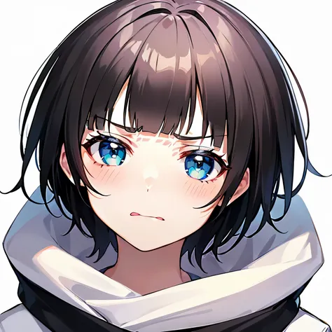 ((1 beautiful girl)), ((solo:1.3)),((blunt bangs)),((black hair)),((Blue eyes)), ((shoulder length hair:1.2,short hair)),16 years old, ((white background:1.3)),((See here)),((head shot)), BREAK (disgust facial expression, curled lip, furrowed brow, narrowe...