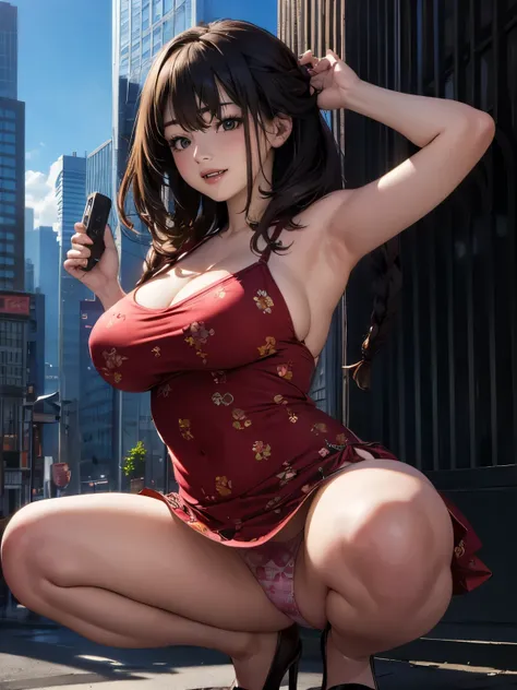 high-definition image, eyes realistic sizing, realistic skin, drooping eyes, smiling, (various patterned feminine casual dress), (squatting, (armpit), highly detailed realistic texture panties), strong sunlight, braid, (old fashion, smiling), skyscrapers, ...