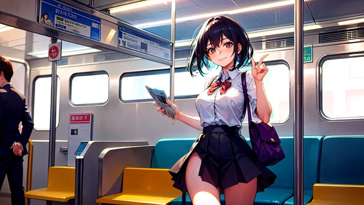 One girl、super quality、A black-haired high school girl smiling as she passes through the train ticket barrier、smile、Nice body、the skirt is short,、Ultra HD、amazing