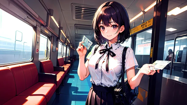 One girl、super quality、A black-haired high school girl smiling as she passes through the train ticket barrier、smile、Nice body、the skirt is short,、Ultra HD、amazing