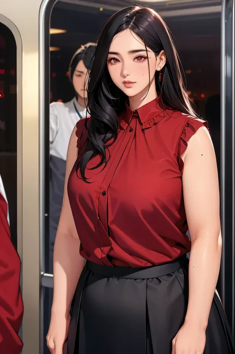 (dark red blouse,sleeveless:1.3),black and  long flare skirt,(plump arms),single mole on cheek,black hair,voluminous hair,unkemp...