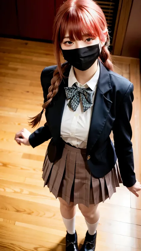 Highest quality、Ultra-high resolution、RAW Photos、(Shooting from above)、Professional Lighting、Detailed Background、In the classroom、full body,Makima、25-year-old female、(High tone cherry pink hair)+(Long braided hair)+(bangs)、(Yellow Eyes)、(Japanese high scho...