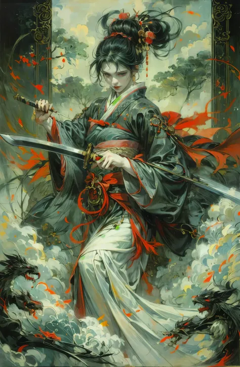 Beautiful demon painting, Demon woman holding a Japanese sword, A strong female warrior, Swordsman, Female Bodyguard, Beautiful black-haired demon, Beautiful red kimono, Oiran, Ghost Girl, Female Yakuza, Stylish female samurai, Master Swordsman, Fighting P...