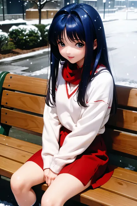 masterpiece, best quality, hight details, (minase nayuki), outdoor, it's snowing, she sit on a bench, she waits for someone, she...