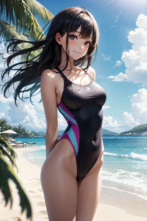 very cute and beautiful girl,(highly detailed beautiful face),one-piece floral print pink swimsuit,
standing,arms behind back,looking at viewer,beach,tropical resort hotel,(smile),black hair,
(best quality,masterpiece),absurdres,highres,ultra-detailed,extr...