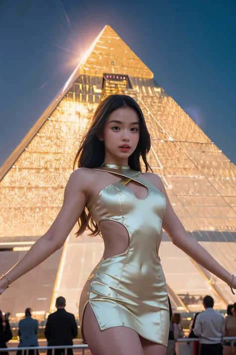 a futuristic background of a golden glass pyramid with laser beams leads to a hyper-realistic scific city with huge skyscrapers....