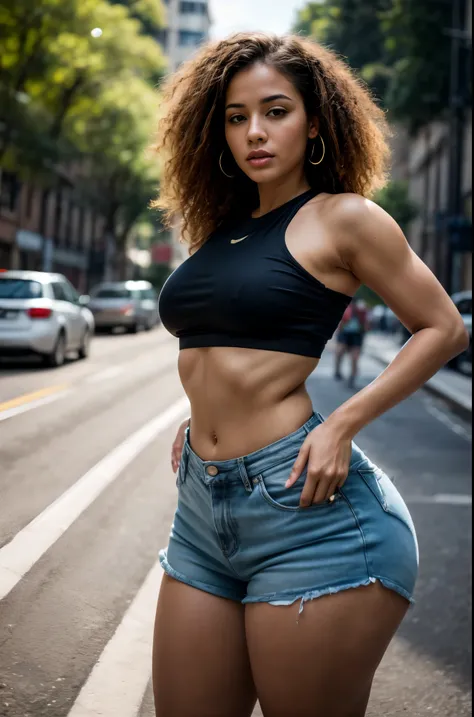 (best quality, highres, ultra-detailed), realistic, portrait, Colombian mature curly-haired busty lady, standing in the middle of traffic, looking up at an alien invasion, dressed in ripped booty shorts, checkered crop top tied in the front, vibrant colors...