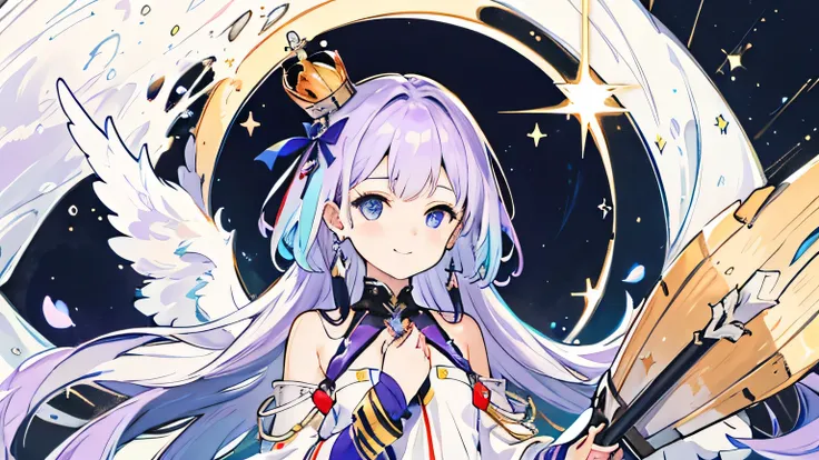 ((highest quality)), ((masterpiece)), (detailed), Perfect Face,1girl,solo,HMS Javelin(Azur Lane),yellow little crown,A purple ribbon mixed with a little white,long hair,purple hair,has a long sacred spear,rainbow-colored bangles,,light smile,lunar surface ...