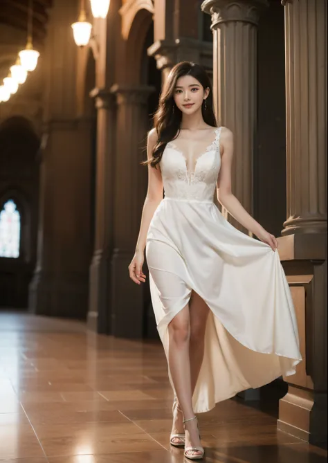 Beautiful 25 year old  woman。She is wearing a summer wedding dress. She is walking and her legs crossed and one leg is visible. She is shying and smiling on illuminated by the evening church lights . her black hair. High resolution、masterpiece、highest qual...