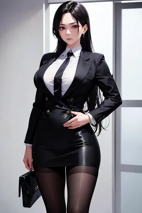 Kimi donned a black blazer, its buttons precariously straining against the expanse of her ample chest. underneath, a pristine white shirt with a crimson tie peeked out, perfectly knotted at the neck. her attire continued with a short, form-fitting black pe...