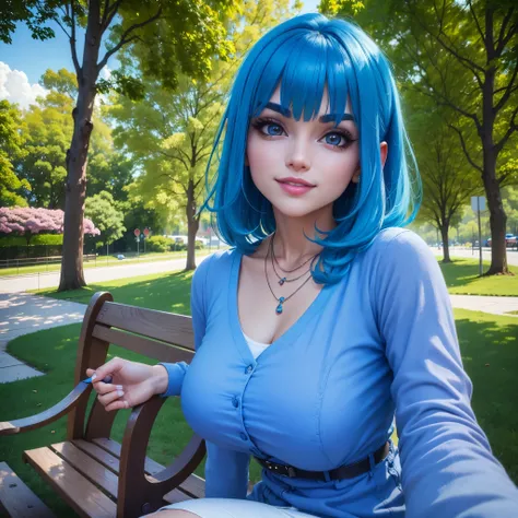 (1girl:1.2) , Sitting on a park bench,  some trees in the background, urban, ar fresco, blusa branca, necklace , eyebrows, anel, facing the camera, selfie, (selfie photo:1.3), smiling, huge eyes, anime girl, (blue hair:1.2), cintura pra cima, meiga, palida...