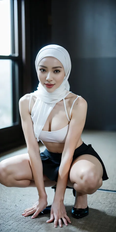 1 lady, wearing a transparent white shirt & skirt,  squatting on floor, thin body, abs, wearing a black hijab, (huge breast 1.6), body facing camera, front shot, ((hands behind body))