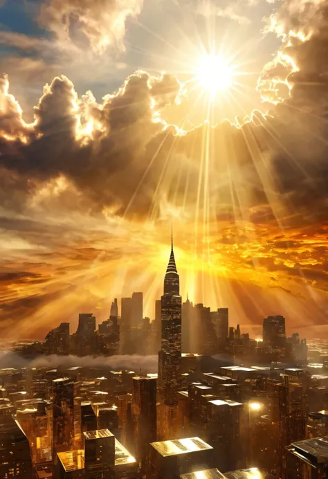 Surreal digital art depicting a mystical cityscape rising into the sky, The clouds clear and the shining sun appears, On Ascension Day,Golden Sun