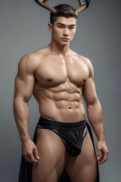 White skin asian Chinese man, thin nose, thin lips, blue eyes, brown hair, black deer horn on his head, jock putfit, young handsome face, best quality,masterpiece,Ultra high detail,A handsome muscular man, completely black deer horn on his head, topless, b...