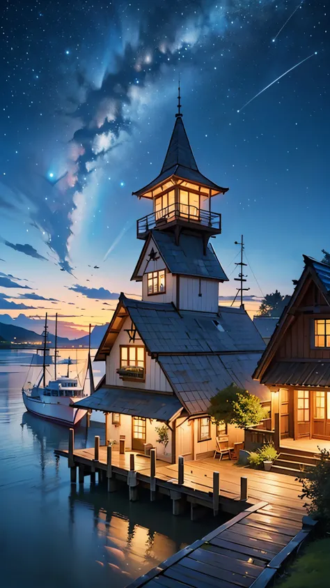 ((masterpiece)), ((best quality)), ((high detail)) landscape, no human, seaside town, panoramic view, starry sky, many Scandinavian houses, calm sea, ships, 