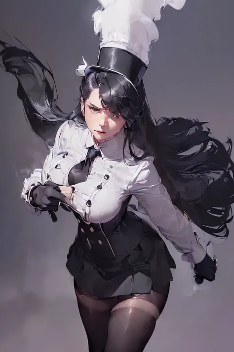 (Kimi, black gloves, white shirt with tie, short black skirt, black tights:1.5),(Threatening to tear,Large chest, intricate buttons:1.5),(Vintage style, Elegant:1.5),(Impeccable posture,Confident:1.5),(Exquisite detailing,Realistic CGI:1.5),(Top hat, Monoc...