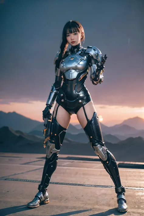 1girl, solo, wearing a mechanical suit, mechanical wonder, cyberpunk, cybernetic guardian, futuristic armor, full body, front po...