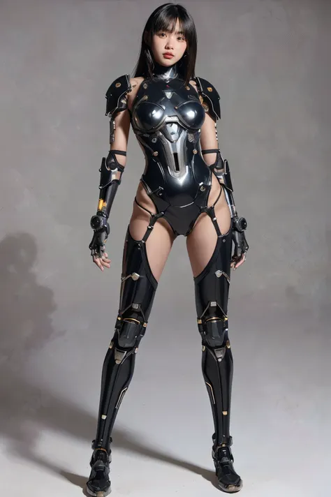 1girl, solo, wearing a mechanical suit, mechanical wonder, cyberpunk, cybernetic guardian, futuristic armor, full body, front po...