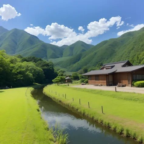 Japanese house、countryside、Mountain、river、Asahi、sun、blue sky、Villager、masterpiece、highest quality、Attention to detail、8k、Wide-angle shot、Sharpness