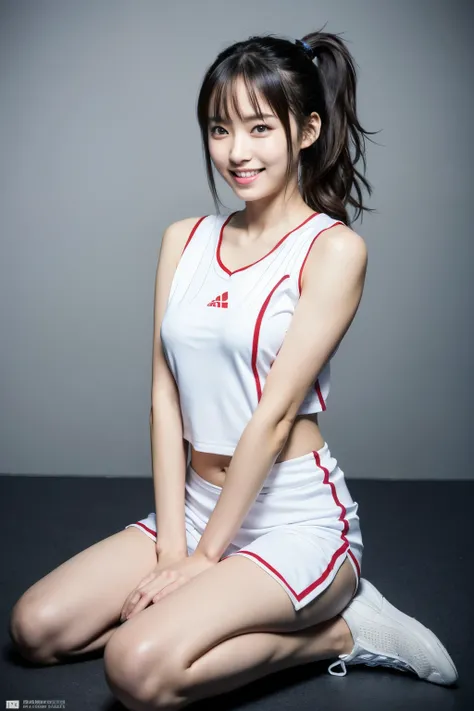 (8k, best quality, masterpiece, ultra highres:1.2) Photo of Pretty Japanese woman
 beautiful 1girl, solo, young, slim, basketball uniform, , shorts, ponytail, smile, teeth, grin, medium breasts, detailed breast full body groove idol Japanese idol smooth sk...