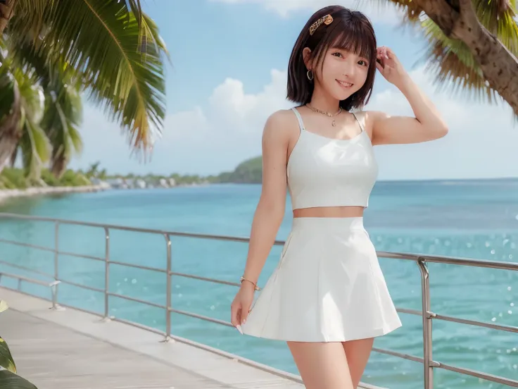 The best quality at its best，original，masterpiece，Ultra-high resolution，pretty girl，Hair worn，Necklace Necklace，Sun protection clothing，camisole，Short skirt，Medium aldives，Seaside，I was healed，