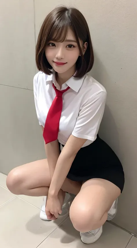 In detail,Full body photo、 High resolution, high quality、Perfect dynamic composition, Beautiful fine details, Blonde、Bobcut、Natural color lip,Kamimei、17-year-old girl、1 person、Clear Skin、Red tie、White shirt、Red mini skirt、Thighs、Shiny Hair、最high quality, f...