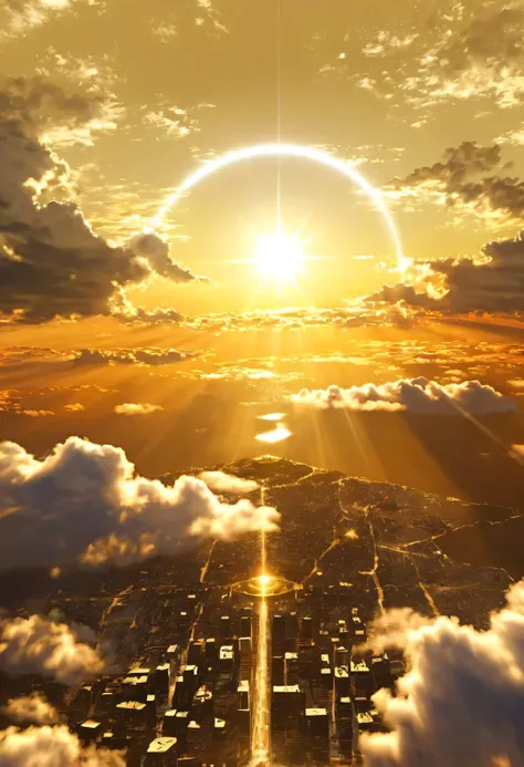 A mystical city rising into the sky、Digital Art, The clouds clear and the shining sun appears, On Ascension Day，Golden Sun、Cities in the sky、god々Utopia of、There is one relic。