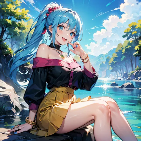 Anime Moe Art Style,highest quality,High resolution,Anatomically correct,One Girl,Mid-teens,A girl with light blue hair in a ponytail,Super detailed,Fantasy-style world,Off-the-shoulder tops,mini skirt,Big Breasts,A rich expression,Bright smile,Laughing wi...