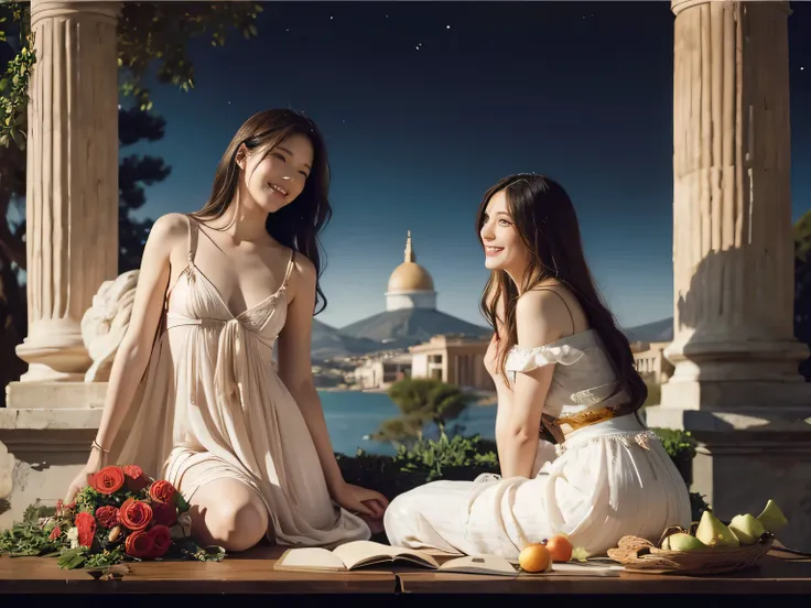 full body portrait or statue、Sandro Botticelli painting style,Arguments of two female Philosophe,math、astronomical machine、astronaut、roses in vase、fruits、Cute trinkets、smile、ancient greek costume、Ancient Roman landscape in the style of Nicolas Poussin,laug...